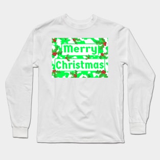 Merry Christmas Green and White Peppermint and Red Holly Berries Long Sleeve T-Shirt